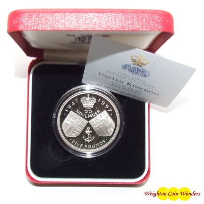 1997 Silver Proof £5 Crown – Golden Wedding QEII - Click Image to Close